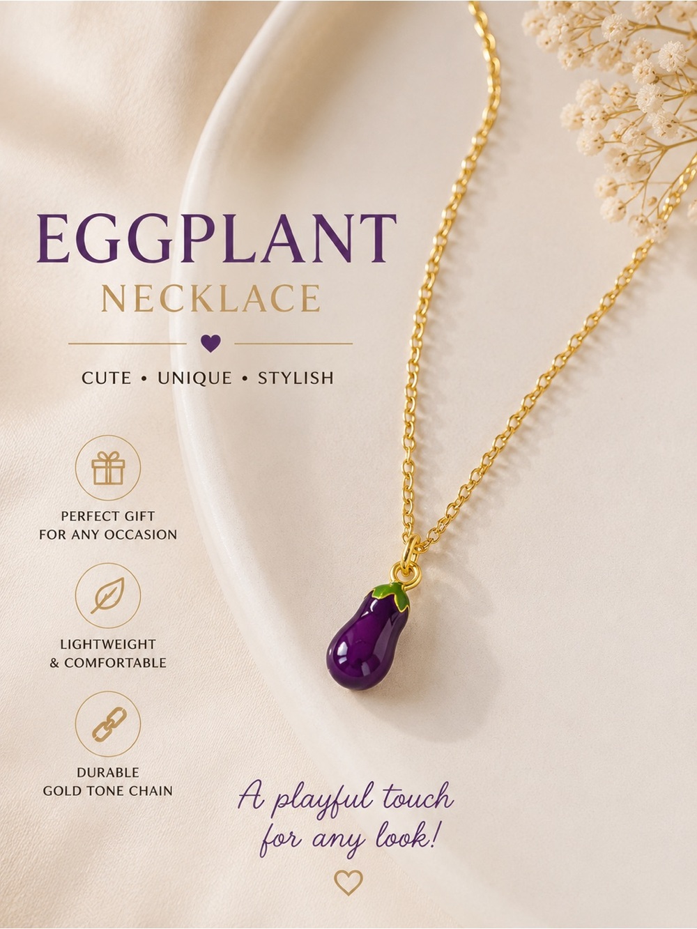 Eggplant Enamel Pendant Necklace on Gold Plated Stainless Steel Chain - New